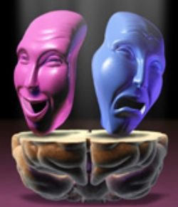 Two faces are sitting on a pedestal with one of them being the same color.