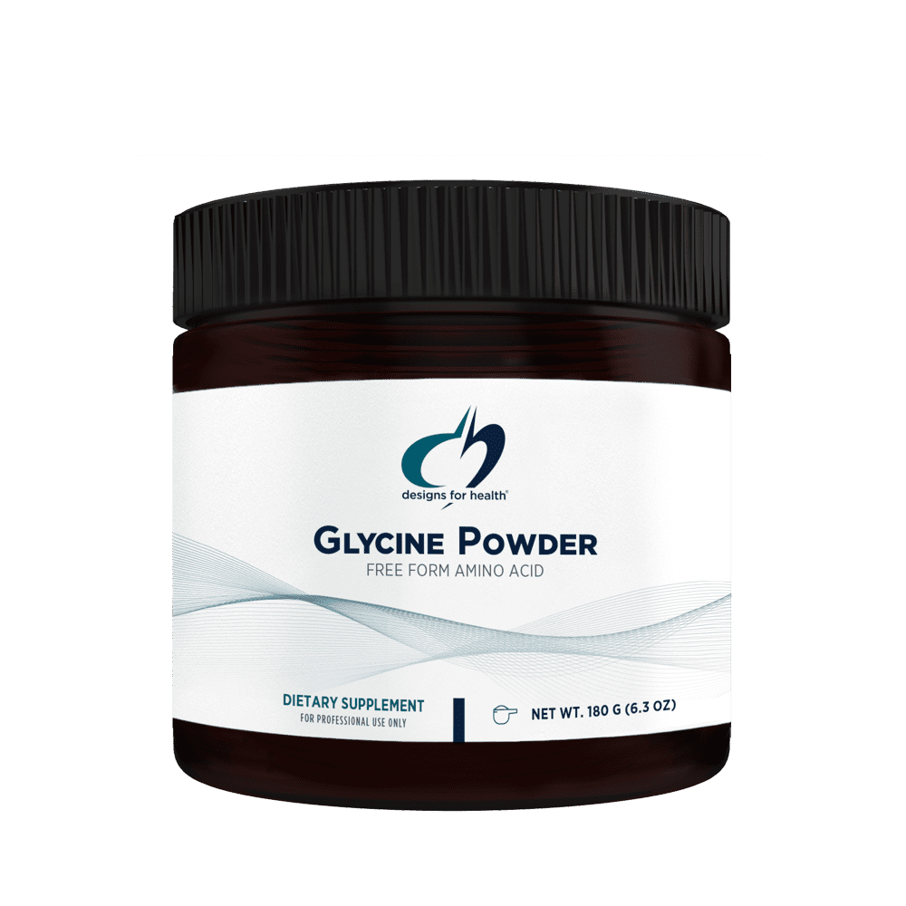 A jar of glycine powder is shown.