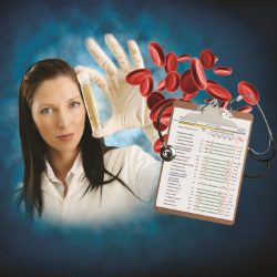 A woman holding her hand up to stop the blood clot.