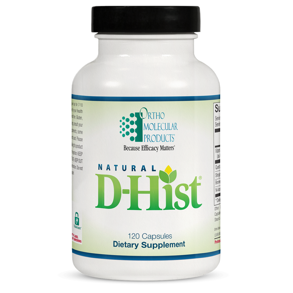 A bottle of natural d-hist supplement.