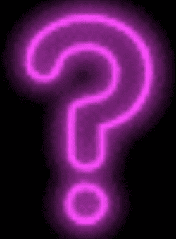 A neon pink question mark sign on black background.