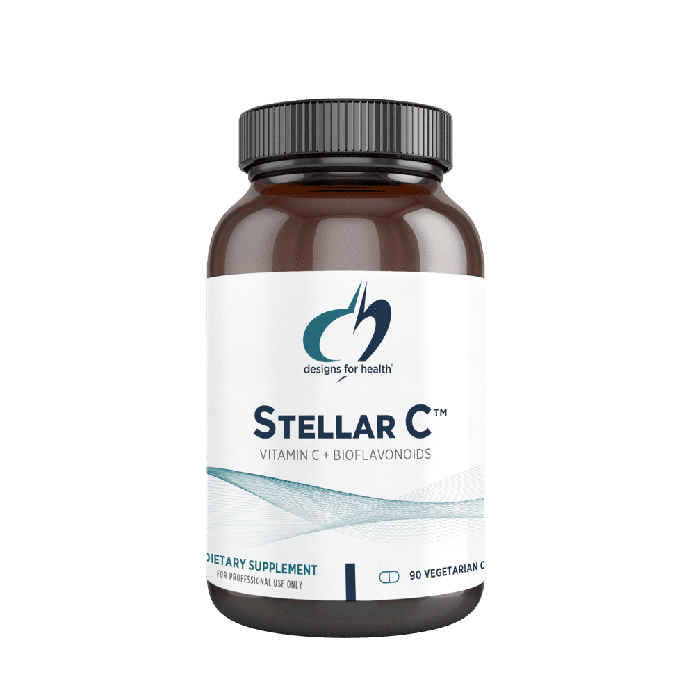 A bottle of stellar c supplement on a black background.